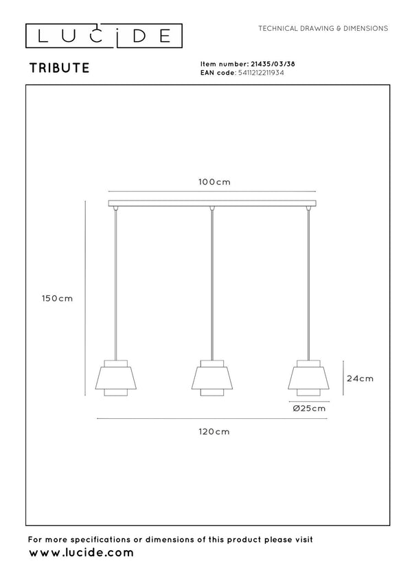 Lucide TRIBUTE hanglamp 3 × E27, crème