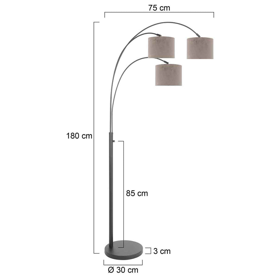 3-lichts vloerlamp sparkled light 3823zw met grijs velours kappen
