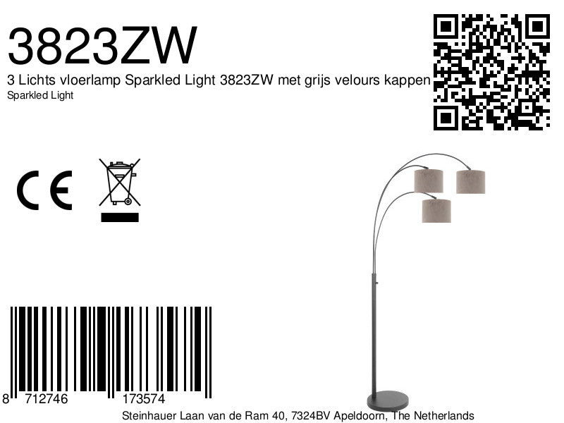 3-lichts vloerlamp sparkled light 3823zw met grijs velours kappen