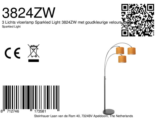 3 Lichts vloerlamp Sparkled Light 3824ZW met goudkleurige velours kappen