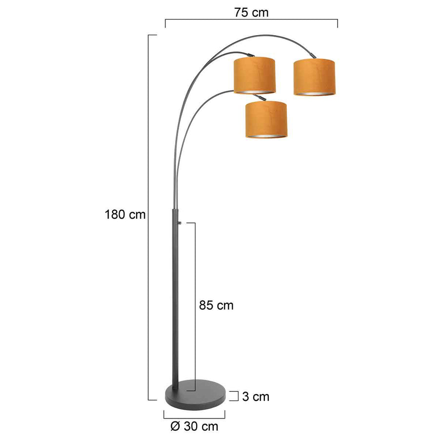 3 Lichts vloerlamp Sparkled Light 3824ZW met goudkleurige velours kappen