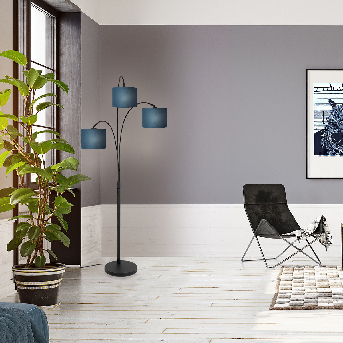 3-lichts vloerlamp sparkled light 3828zw met blauw velours kappen