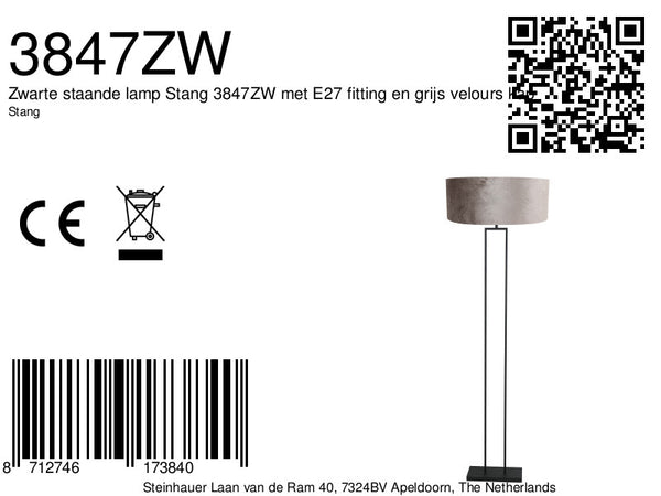 Zwarte vloerlamp stang 3847zw met grijs velours kap ø50