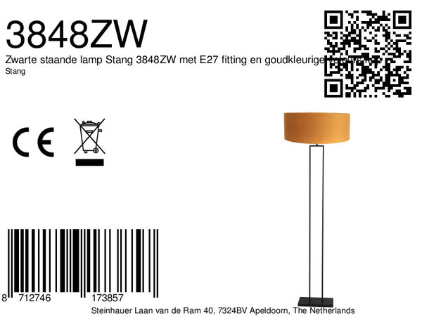 Zwarte vloerlamp stang 3848zw met goud velours kap ø50
