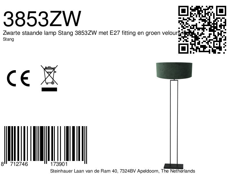 Zwarte vloerlamp stang 3853zw met groene velours kap ø50