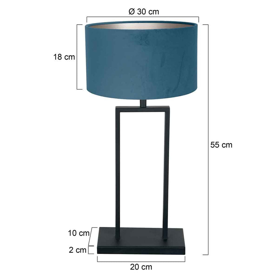 Zwarte tafellamp Stang 3863ZW met E27 fitting en blauw velours stoffen kap