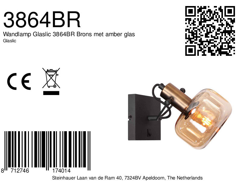 Wandlamp Glaslic 3864BR Brons met amber glas