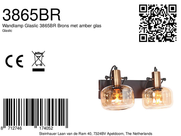 Wandlamp Glaslic 3865BR Brons met amber glas