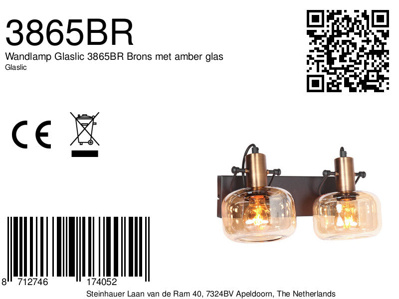 Wandlamp Glaslic 3865BR Brons met amber glas