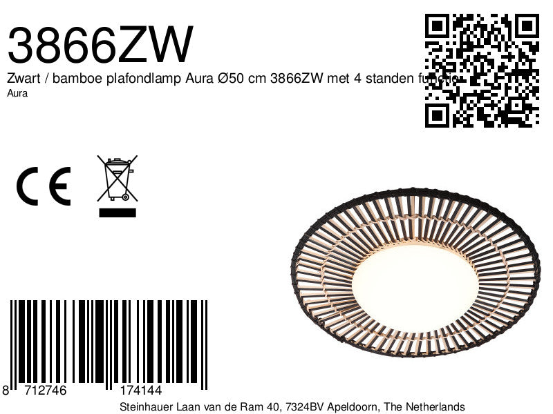 Zwart / bamboe plafondlamp Aura Ø50 cm 3866ZW met 4 standen functie