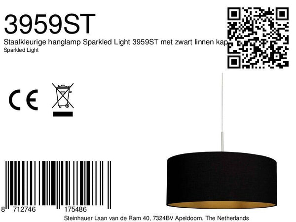 Staalkleurige hanglamp Sparkled Light 3959ST met zwart linnen kap