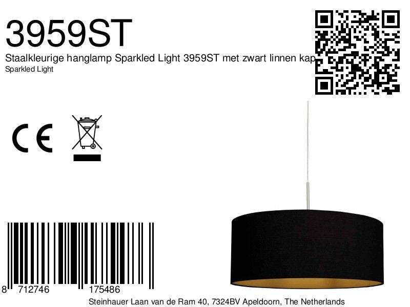 Staalkleurige hanglamp Sparkled Light 3959ST met zwart linnen kap
