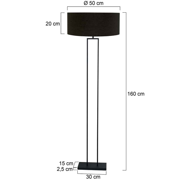 Zwarte staandelamp Stang 3962ZW met E27 fitting en zwart linnen kap met gouden binnenkant