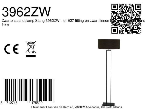 Zwarte staandelamp Stang 3962ZW met E27 fitting en zwart linnen kap met gouden binnenkant
