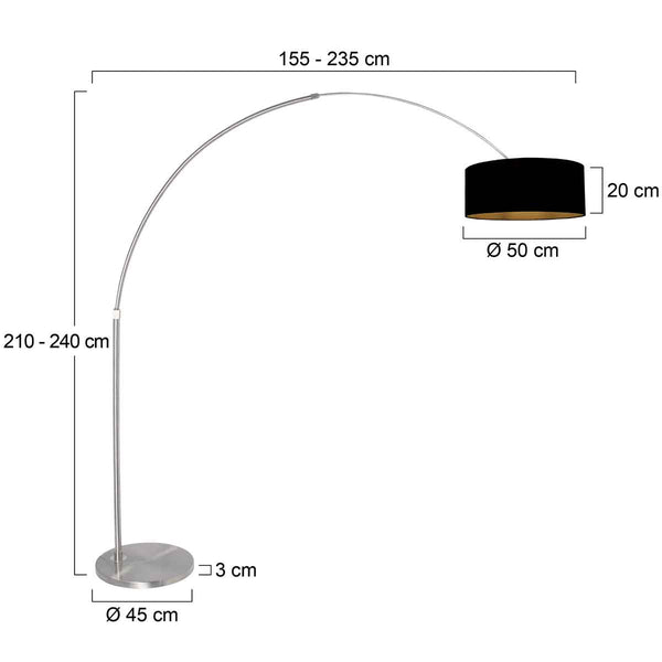 Staalkleurige vloerlamp / booglamp Sparkled Light 3963ST inclusief zwarte kap met goudkleurige binnenkant.