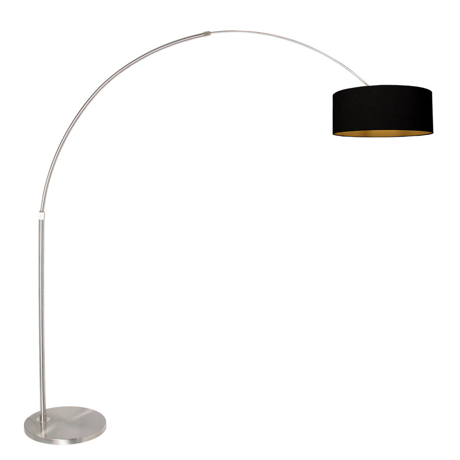 Staalkleurige vloerlamp / booglamp Sparkled Light 3963ST inclusief zwarte kap met goudkleurige binnenkant.