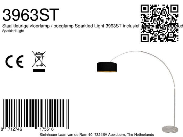 Staalkleurige vloerlamp / booglamp Sparkled Light 3963ST inclusief zwarte kap met goudkleurige binnenkant.