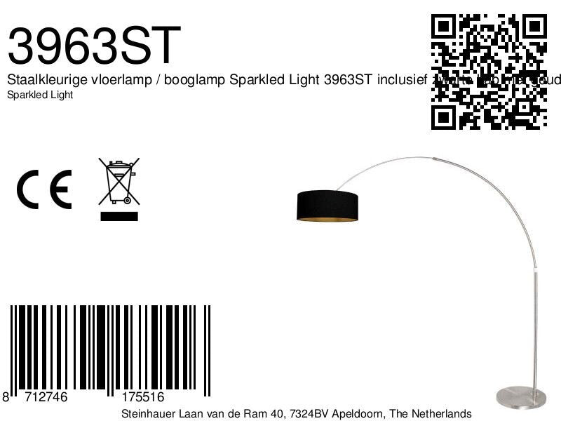 Staalkleurige vloerlamp / booglamp Sparkled Light 3963ST inclusief zwarte kap met goudkleurige binnenkant.