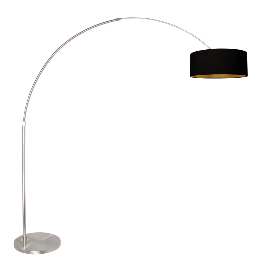 Staalkleurige vloerlamp / booglamp Sparkled Light 3963ST inclusief zwarte kap met goudkleurige binnenkant.