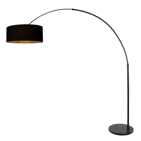 Zwarte vloerlamp / booglamp Sparkled Light 3965ZW inclusief zwarte kap met goudkleurige binnenkant.