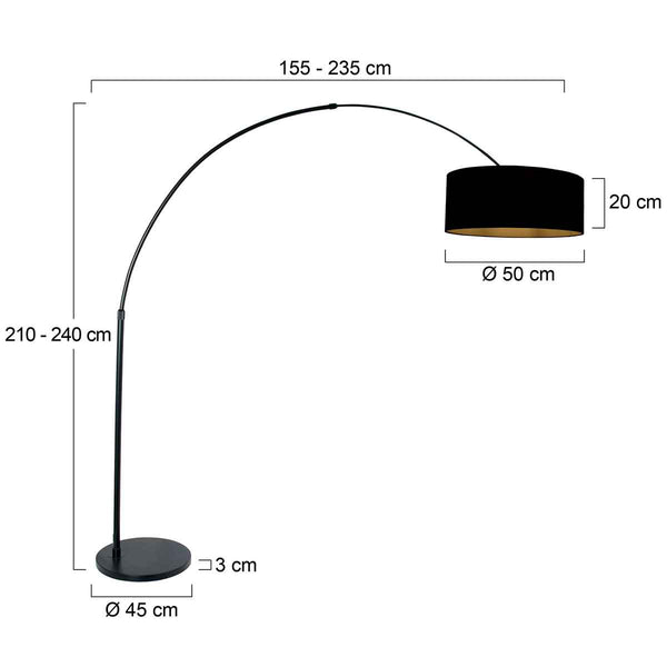 Zwarte vloerlamp / booglamp Sparkled Light 3965ZW inclusief zwarte kap met goudkleurige binnenkant.