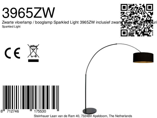 Zwarte vloerlamp / booglamp Sparkled Light 3965ZW inclusief zwarte kap met goudkleurige binnenkant.