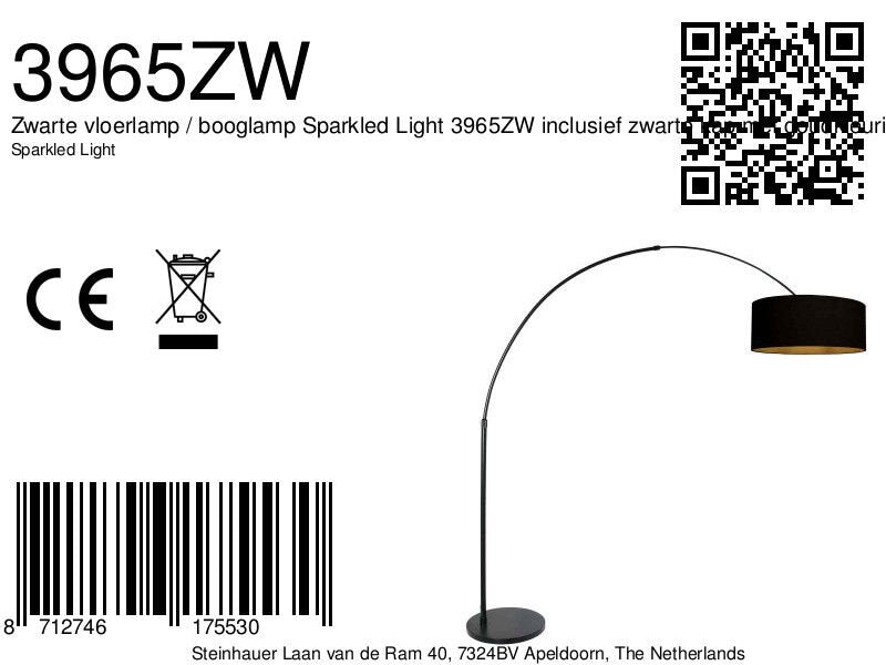 Zwarte vloerlamp / booglamp Sparkled Light 3965ZW inclusief zwarte kap met goudkleurige binnenkant.
