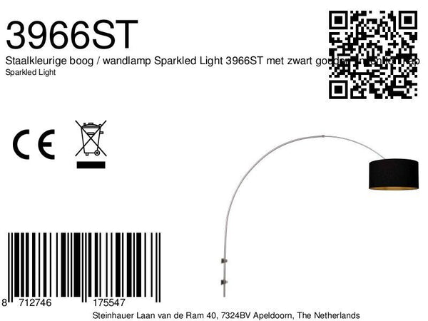 Staalkleurige boog / wandlamp Sparkled Light 3966ST met zwart gouden linnen ton kap