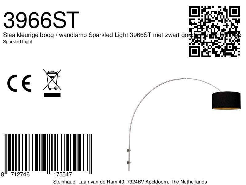 Staalkleurige boog / wandlamp Sparkled Light 3966ST met zwart gouden linnen ton kap