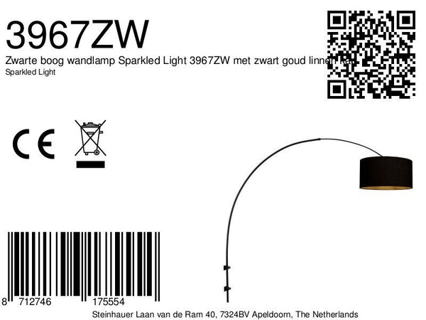 Zwarte boog wandlamp Sparkled Light 3967ZW met zwart goud linnen kap