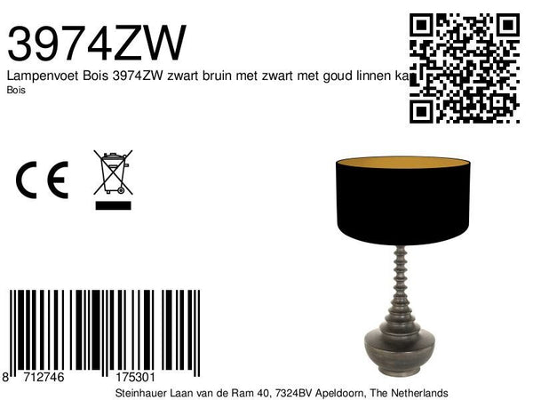 Lampenvoet bois 3974zw zwart bruin met zwart met goud linnen kap