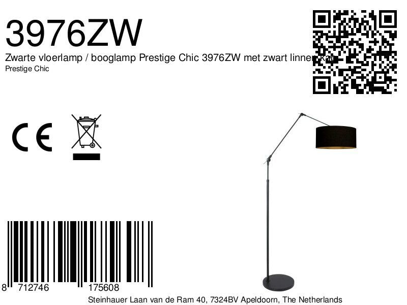 Zwarte vloerlamp / booglamp Prestige Chic 3976ZW met zwart linnen kap
