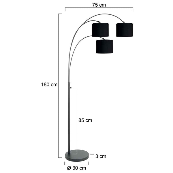 3-lichts vloerlamp sparkled light 3977zw met zwart linnen kappen en goudkleurige binnenzijde