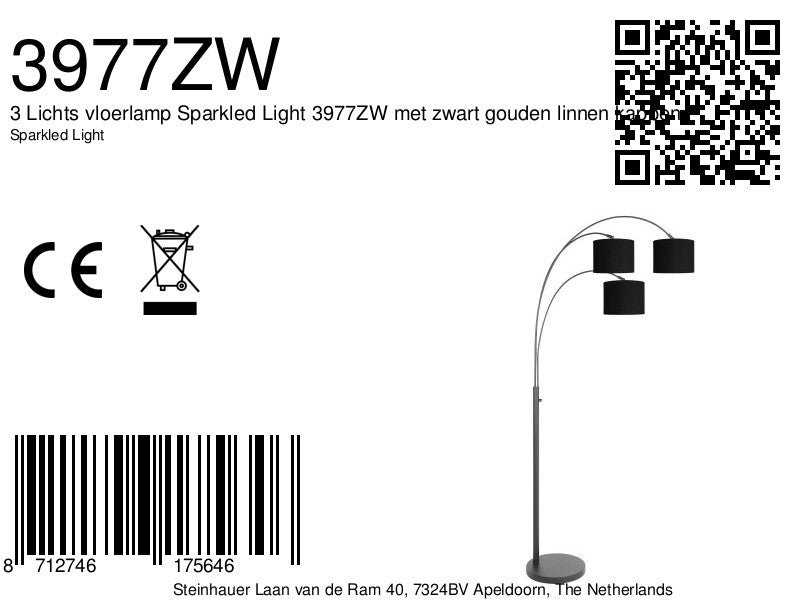 3-lichts vloerlamp sparkled light 3977zw met zwart linnen kappen en goudkleurige binnenzijde