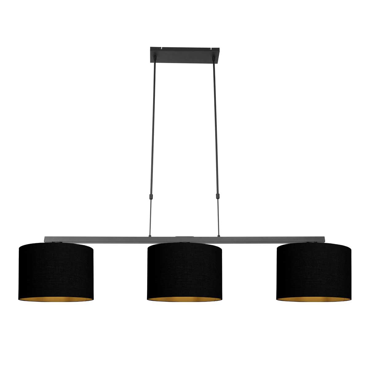 Zwarte 3-lichts hanglamp Stang 3981ZW met zwart linnen kappen met goudkleurige binnenkant