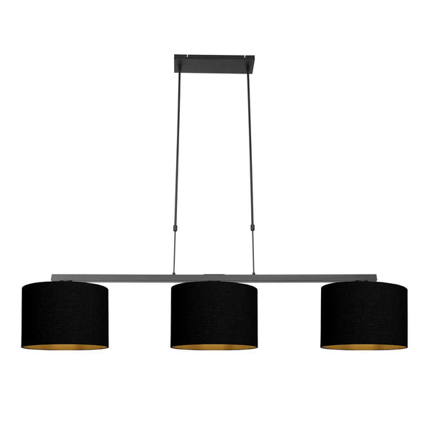 Zwarte 3-lichts hanglamp Stang 3981ZW met zwart linnen kappen met goudkleurige binnenkant