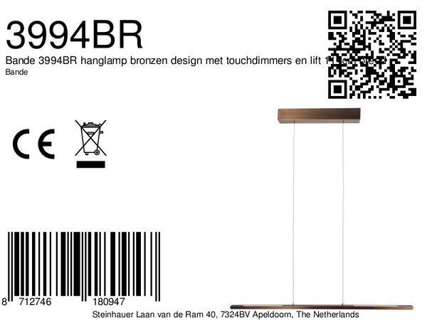 Bande 3994BR hanglamp bronzen design met touchdimmers en lift 114cm breed