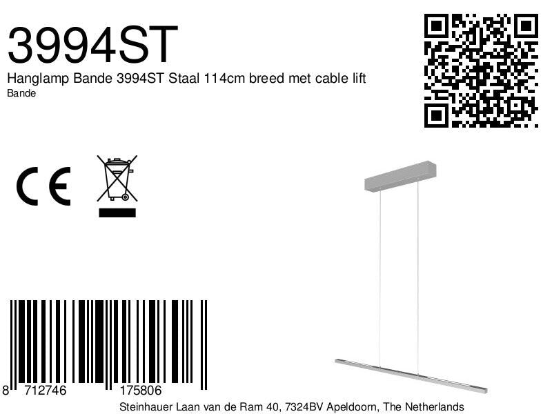 Hanglamp Bande 3994ST Staal 114cm breed met cable lift