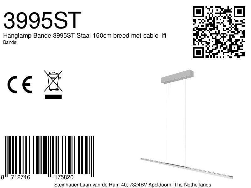 Hanglamp Bande 3995ST Staal 150cm breed met cable lift