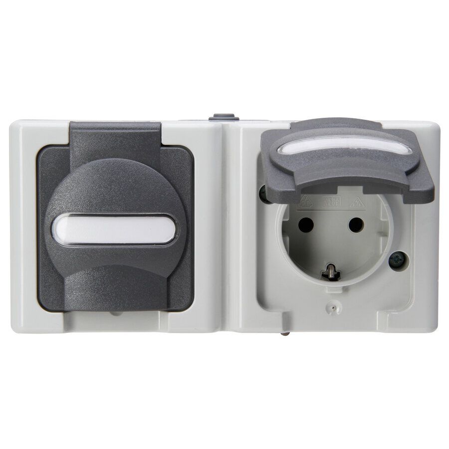 Blue Electric wandcontactdoos 2V RA deksel IP44 horz. grijs