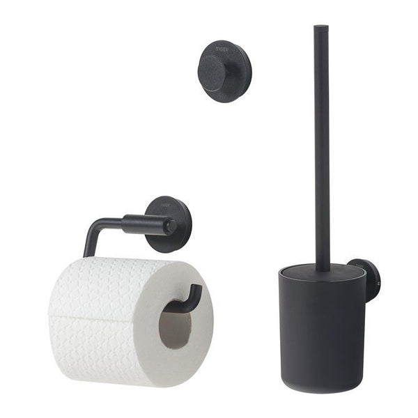 Urban Toiletaccessoireset - Toiletborstel met houder - Toiletrolhouder zonder klep - Handdoekhaak - Zwart