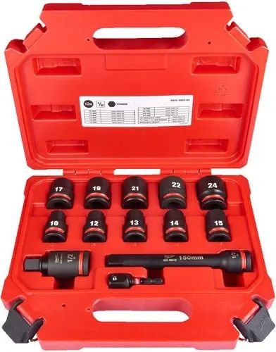 Doppenset shockwave 1/2 (10/12/13/14/15/17/19/21/22/24, kruiskoppeling 15°, adapter ¼" hex naar ½"" vierkant, verlengstuk 150 mm)