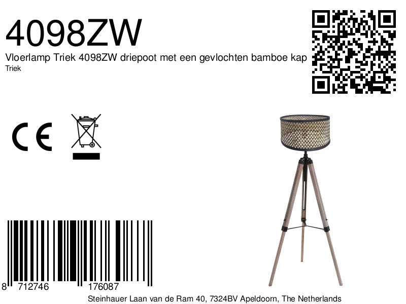 Vloerlamp triek 4098zw met naturel/zwart bamboe kap ø40 cm