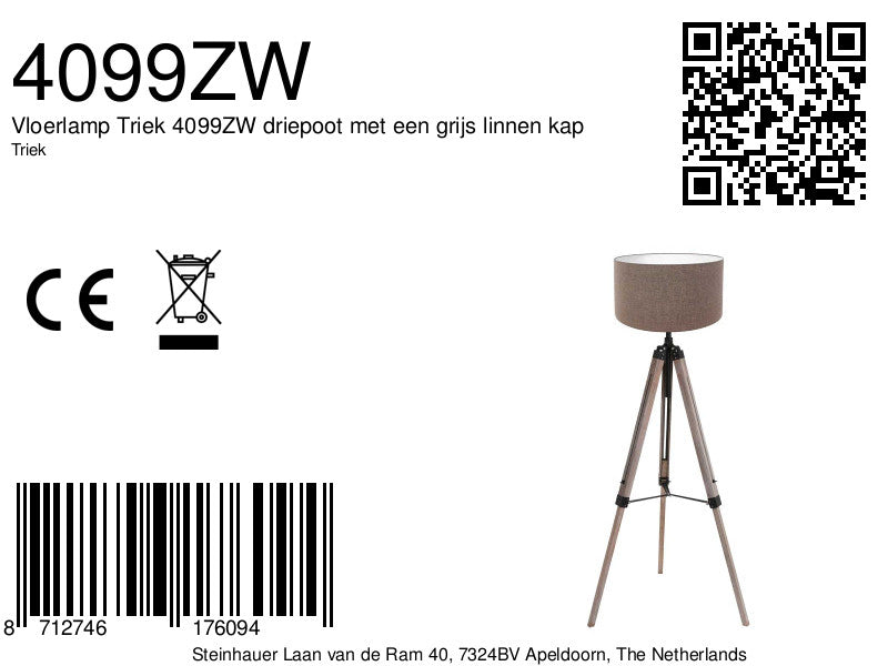 Vloerlamp triek 4099zw met grijs linnen kap ø40 cm
