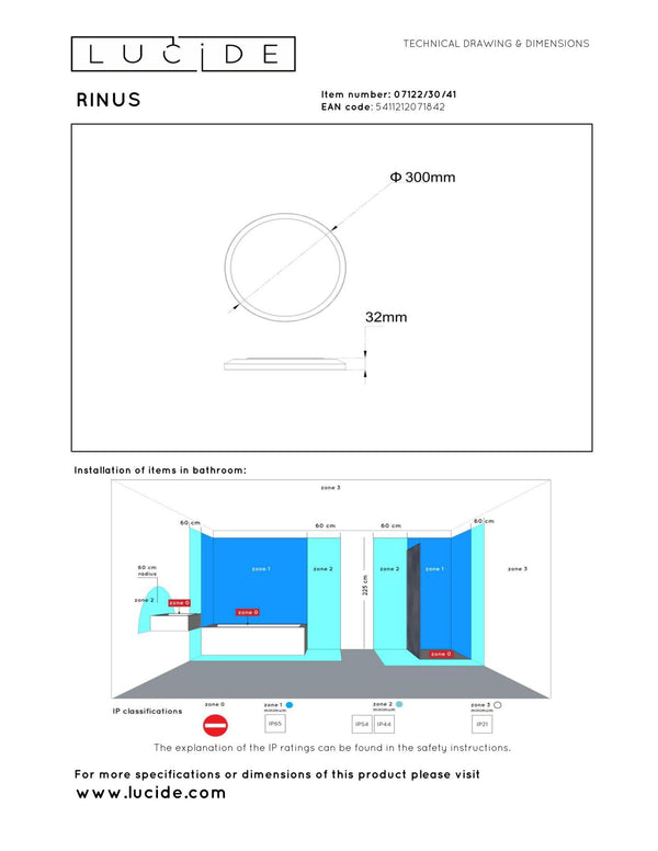 Lucide RINUS LED-plafondlamp voor de badkamer Ø 30 cm, 18 W, 2200–3000 K, IP44, opaal