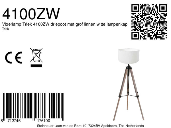 Vloerlamp triek 4100zw met wit linnen kap ø40 cm