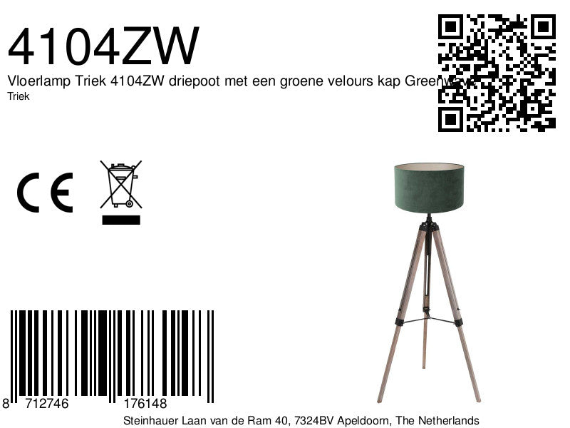 Vloerlamp triek 4104zw met groene velours kap ø40 cm