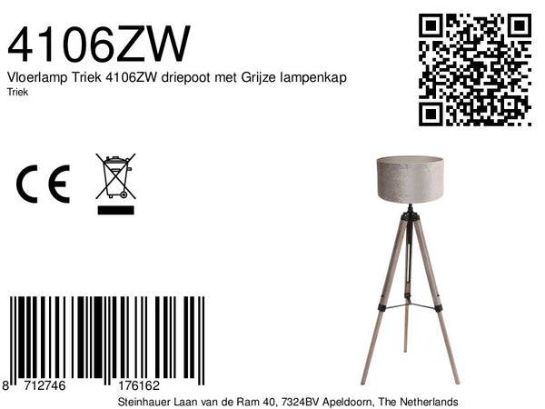 Vloerlamp triek 4106zw met grijze velours kap ø40 cm