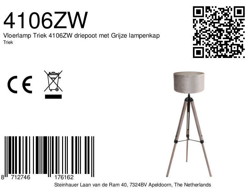 Vloerlamp triek 4106zw met grijze velours kap ø40 cm