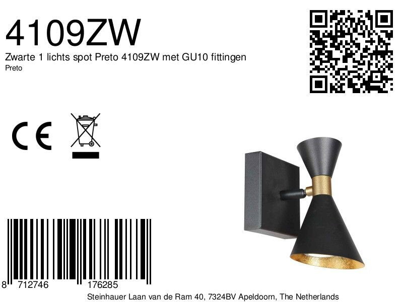 Zwarte 1 lichts spot preto 4109zw met gu10 fittingen